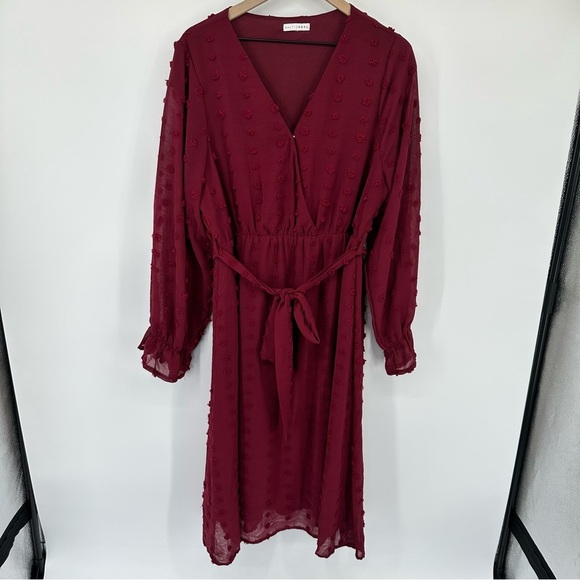 Baltic Born Dress Womens XL Burgundy Swiss Dot Chiffon Midi Light Flowy Belted - Picture 1 of 11